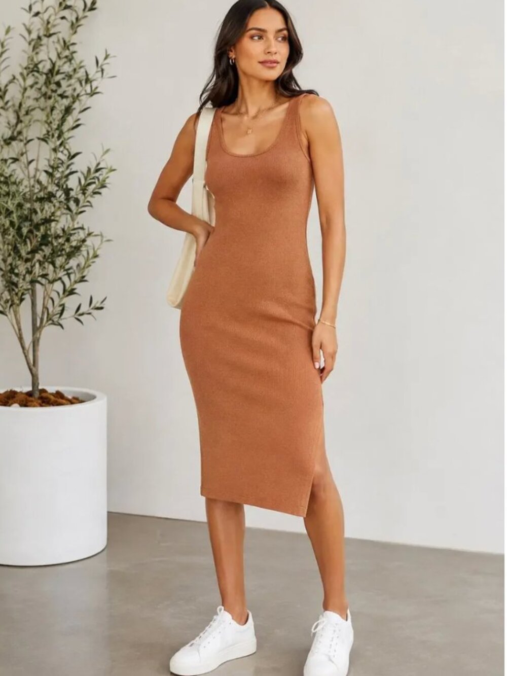 Naadam Midi Tank Dress Brown Silk Cashmere Side Slits Small
